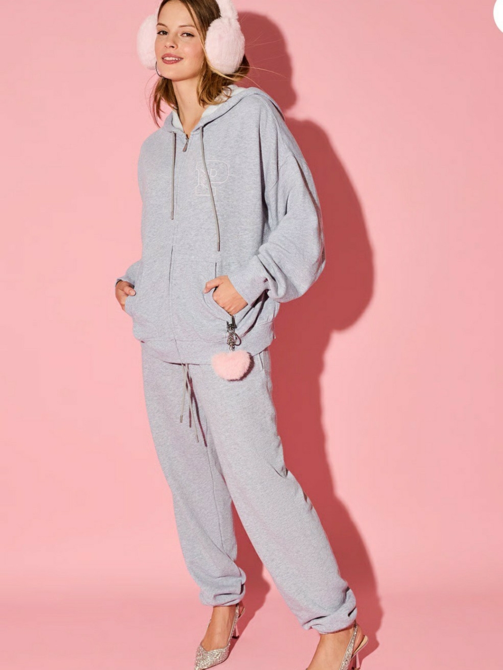 PINK Victoria's Secret Light Gray Zip Hoodie & Joggers with Pink Pom